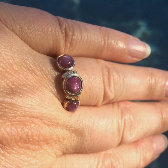 Natural Star Ruby .925 Ring Genuine Gems Sterling Silver Trilogy - Picture 3 of 9